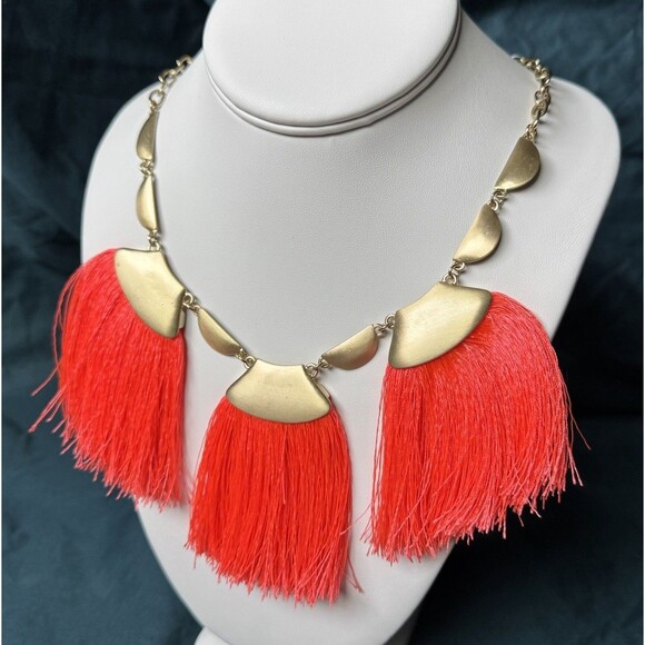 Goldtone Neon Coral Red Fan Fringe Statement Necklace 3 Tassel Adjustable 17-21” - Picture 4 of 13